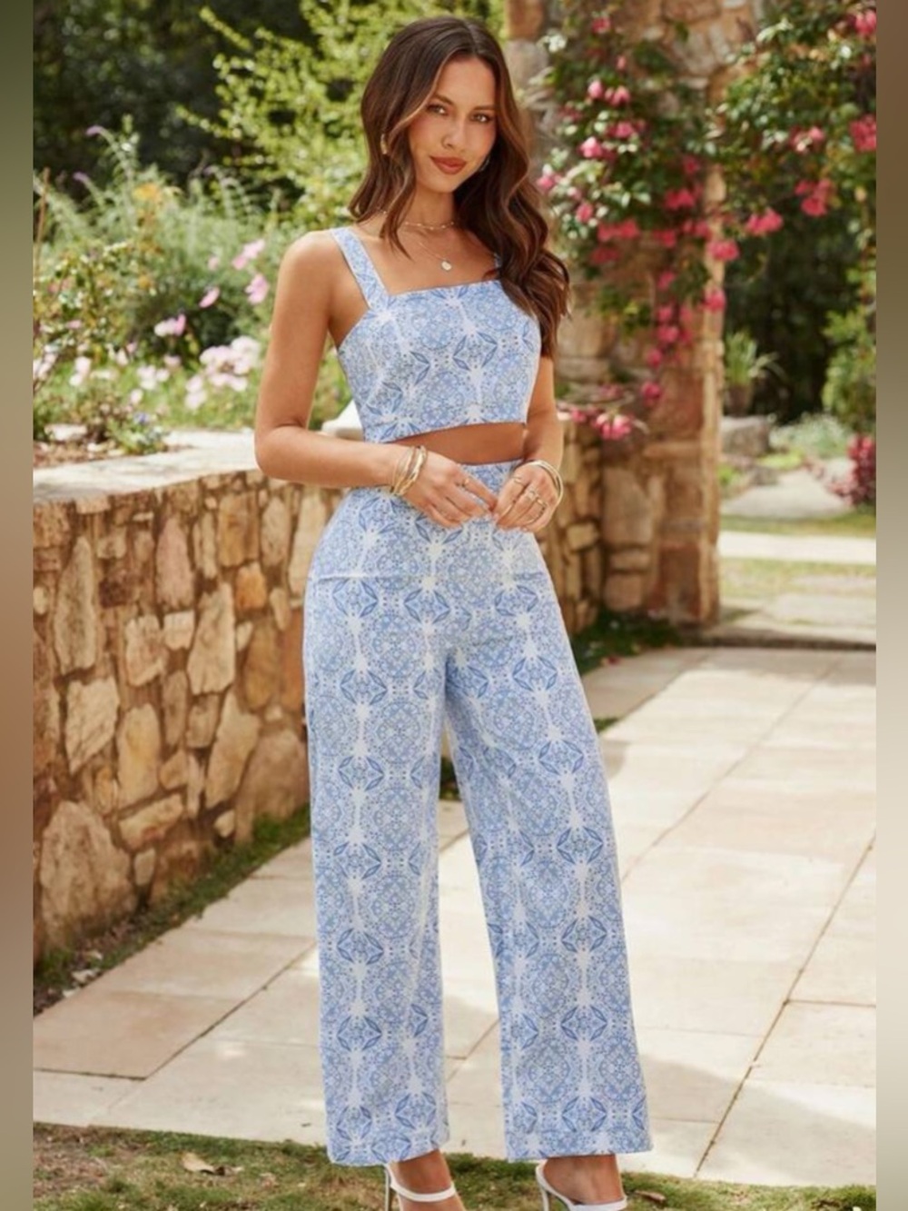 SHEIN Blue Tile-Print Wide-Leg Pants